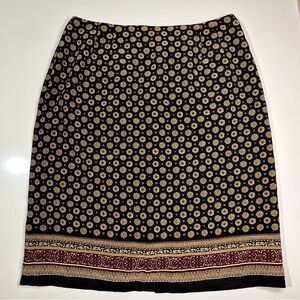 Talbots Silk Skirt Women’s 12 Black Gold Print Career Casual Invisible Zip